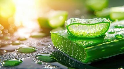 Fresh Aloe Vera slices on a reflective surface with sunlight illuminating droplets in the background