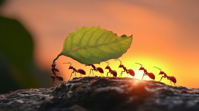 Group of ants are working together to carry a leaf. The leaf is on top of a rock