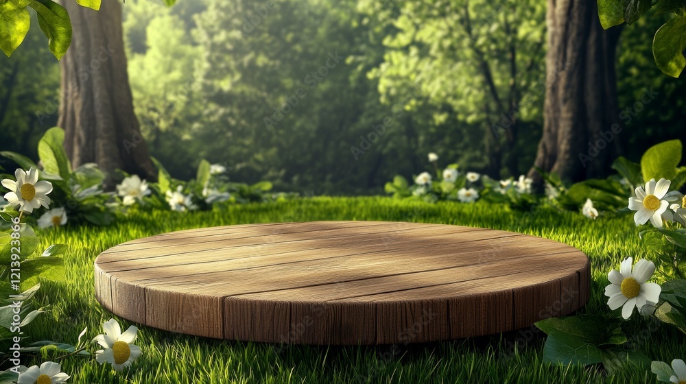 Poster wooden round table with a flower garden in the background. the table is empty and surrounded by gras
