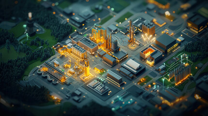 futuristic smart grid industrial complex illuminated at night, showcasing energy generation and distribution systems in vibrant urban setting