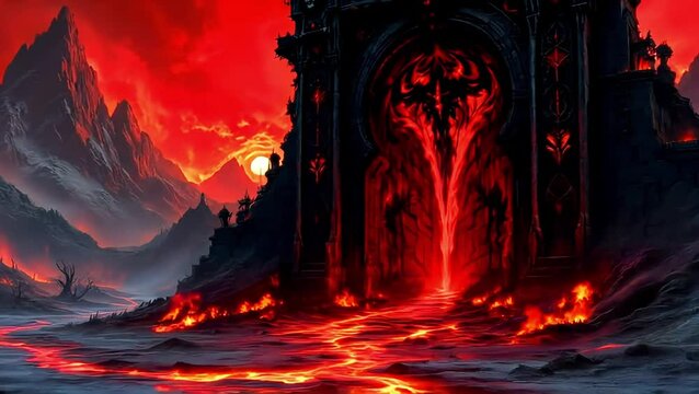 Infernal Gateway to the fiery Mountains: A Digital Painting of a Hellish Landscape
