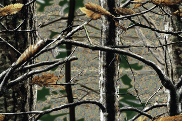 Realistic forest camouflage. Seamless pattern. Conifer tree, branches and leaves. Useable for hunting and military purposes.