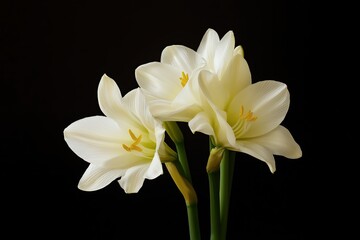 Naklejka premium Three Delicate White Amaryllis Flowers on Black Background A Close Up Floral Photograph