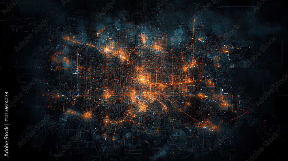 Poster glowing city map visualizes energy distribution and smart grid networks, showcasing illuminated path