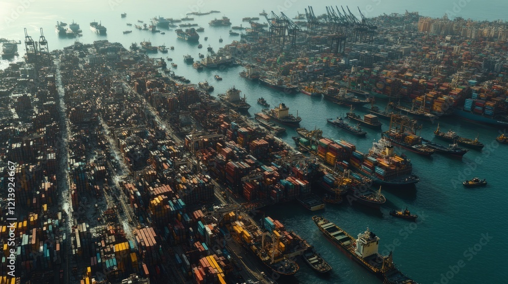 Aufkleber aerial view of a busy container port and ships