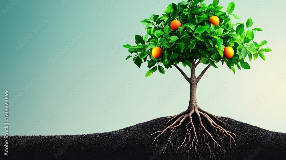 Poster tree with oranges on it and its roots in the ground. the tree is surrounded by dirt and the oranges 