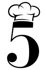 Number 5 with chef hat logo design, Creative logo featuring the number 5 with a chef hat, symbolizing culinary arts, food businesses, restaurants, and professional cooking services branding.

