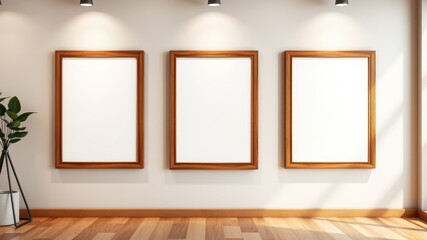 Minimalist interior design featuring three empty wooden picture frames on a light wall