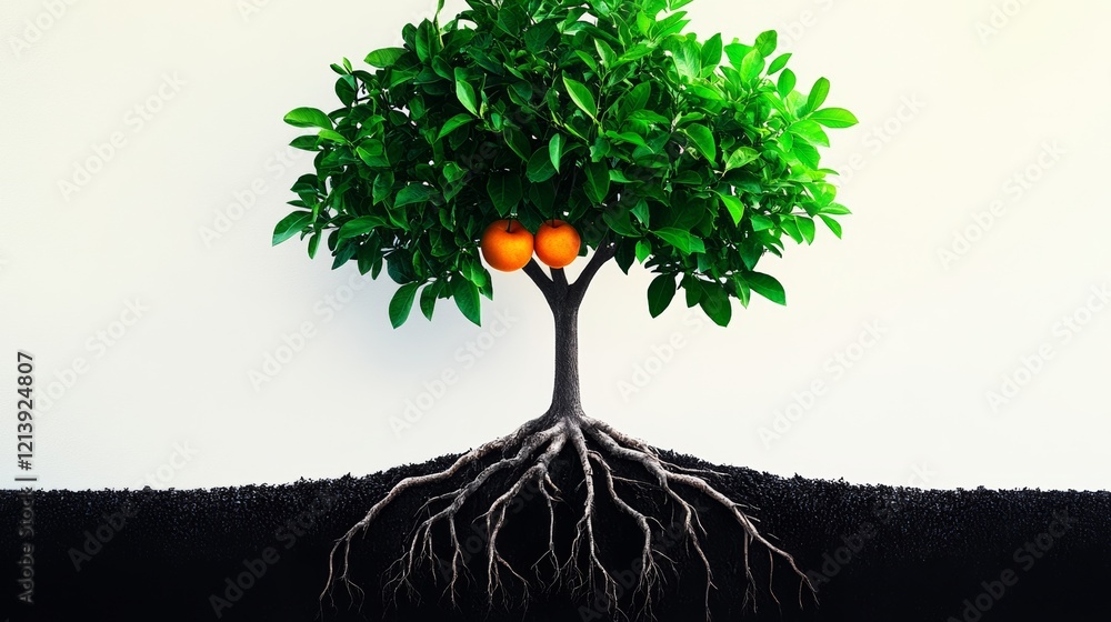 Poster tree with orange fruit growing on it and its roots. the tree is surrounded by dirt and the oranges a