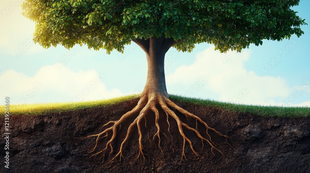 Poster tree with its roots visible in the dirt. the roots are deep and spread out, showing the tree's stren