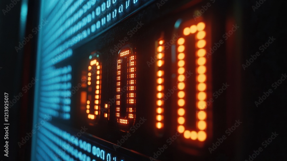 Poster digital clock, server room, binary code, countdown, futuristic display