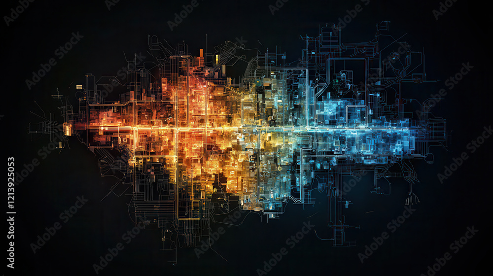 Poster vibrant digital representation of energy flow in smart grid system, showcasing interconnected circui