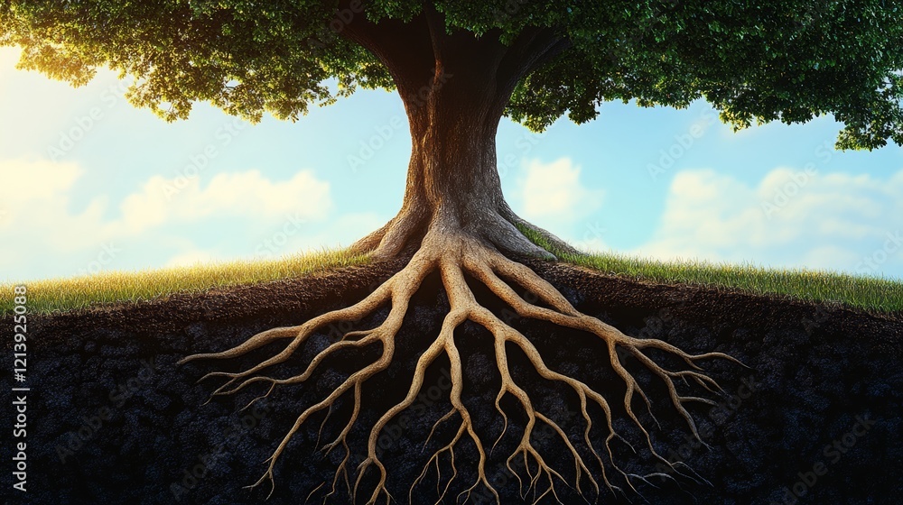 Poster tree with its roots visible in the ground. the roots are deep and spread out, showing the tree's str