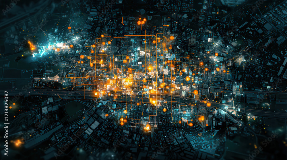 Poster glowing cityscape night showcasing smart grid system with illuminated energy nodes and distribution 