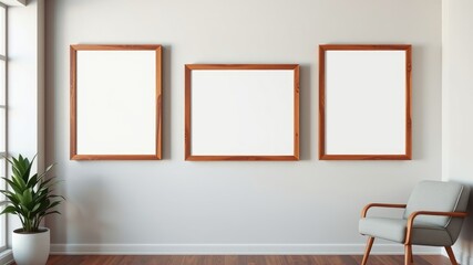 Modern Minimalist Interior with Empty Picture Frames and Chair