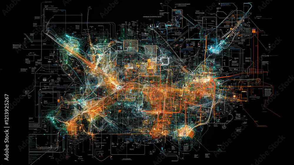 Poster vibrant digital visualization of smart grid system showcasing energy generation, distribution, and i