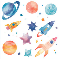 Watercolor space rockets and planets in outer space