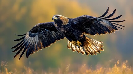 Naklejka premium Majestic Golden Eagle Soaring Through Autumnal Field