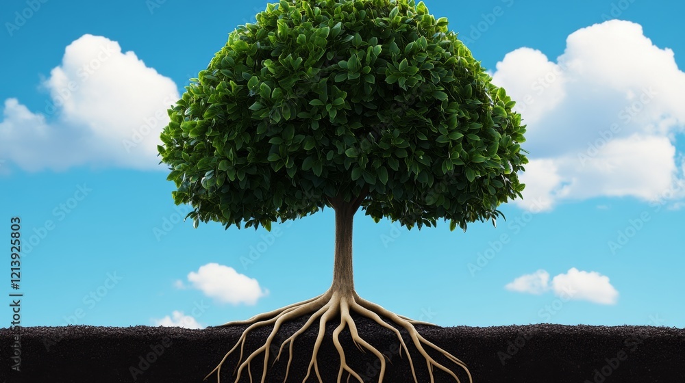 Poster tree with its roots visible in the dirt. the sky is blue and there are clouds in the background