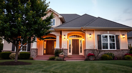 Luxury Home Exterior at Dusk: Modern Architectural Design and Landscaping