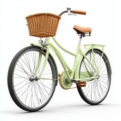 Elegant Light Green Vintage Bicycle with Wicker Basket, Classic Design, Retro Style