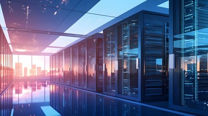 Modern data center with server racks, cooling systems, and backup power supplies for efficiency