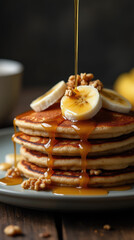 This delectable stack of fluffy pancakes is drizzled with rich syrup and adorned with banana slices and crunchy granola, creating a delightful breakfast treat in a warm kitchen atmosphere