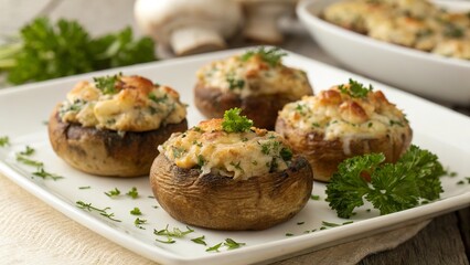 Delicious baked stuffed mushrooms served warm on a white plate, garnished with fresh parsley and complemented by a side of mushroom medley