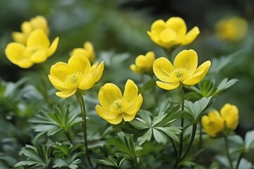 Vibrant Yellow Wildflowers in Lush Green Foliage A Close-Up View of Fresh Natural Beauty
