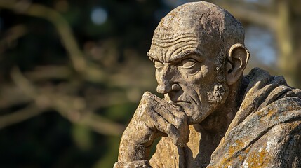 Sculpture of an ancient philosopher with a gaze toward the horizon carved in stone