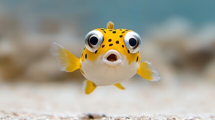 Small fish with a big mouth is swimming in the water. The fish has a curious expression on its face, and it is looking up at the camera