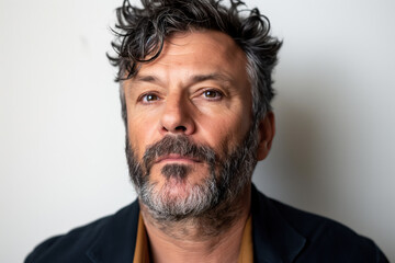 Fototapeta premium A close-up portrait of a mature man with wavy hair, a well-groomed beard, and a confident expression. He is wearing a dark blazer and a brown shirt against a neutral background. 