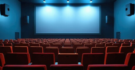 Fototapeta premium Empty cinema hall with red seats, large blank screen, ambient blue lighting, modern sound system, immersive viewing experience, high-quality projection, futuristic theater design, cinematic atmosphere