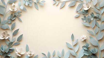 Simple papercut frame with thin, overlapping leaves and flowers on a neutral background.