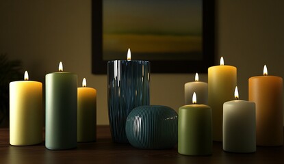 Elegant Teal Green Yellow Candles Home Decor Still Life Warm Lighting wax cozy soft glow room flame