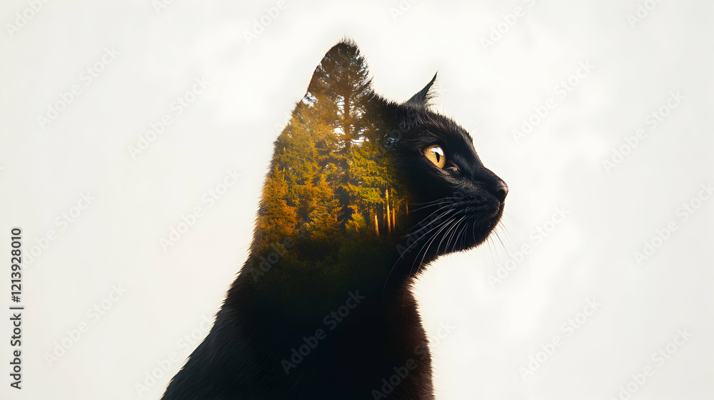 Aufkleber black cat profile merging with a forest with double exposure effect creating a beautiful surreal ima
