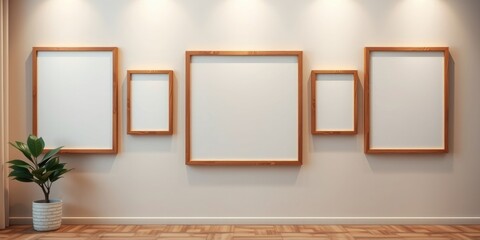 Empty wooden picture frames on a wall with a plant