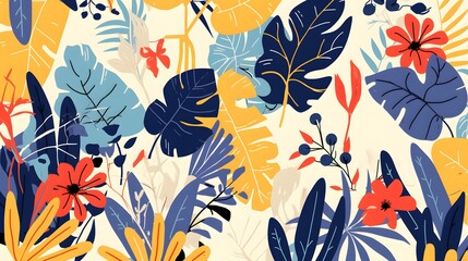Modern jungle plants in a creative floral seamless pattern