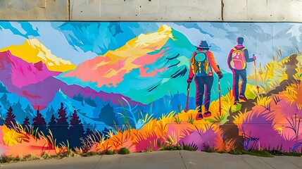 A vibrant mural of two friends hiking up a mountain, painted on a wall with a nature trail mockup on the side.