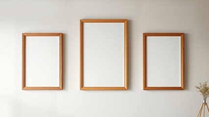 Three light wood picture frames on a neutral wall