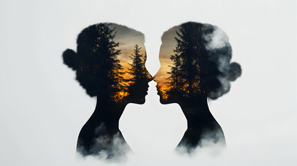 Female silhouettes facing opposite directions, blended with sunset forest landscape, representing human connection and shared natural harmony through double exposure imagery