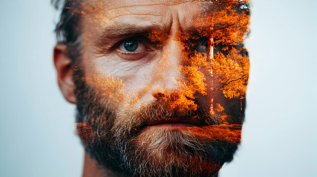 Bearded man merging with autumn forest landscape, symbolizing human nature interconnectedness through layered photographic technique revealing environmental harmony