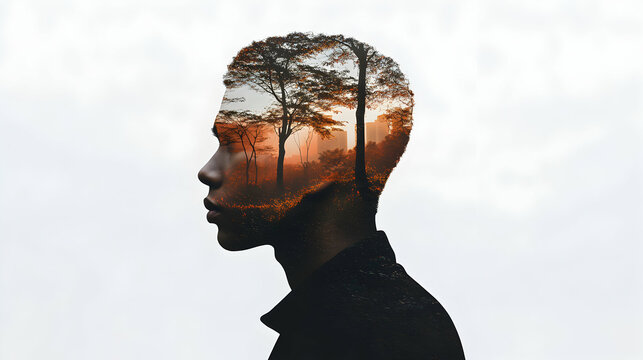 Contemplative double exposure portrait blending human silhouette with natural landscape, symbolizing interconnectedness, inner peace, and environmental unity