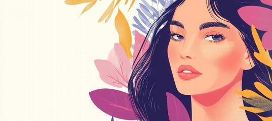 Happy Women's Day banner template design with a beautiful woman and flowers, 8 March. Women's Day celebration greeting card or social media post template.