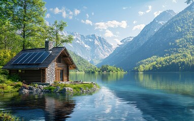 Fototapeta premium A cozy log cabin with a chimney and rooftop solar panels, situated on the edge of a calm mountain lake reflecting the bright sunlight