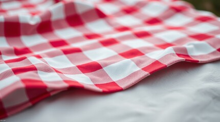 Red and white checkered picnic blanket on table