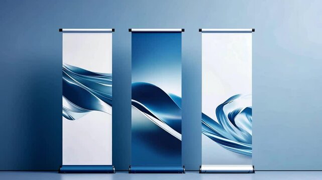 Three stylish roll-up banners display elegant blue wave designs against a gray backdrop.