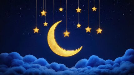 Naklejka premium Celestial Dreamscape: A crescent moon, adorned with shimmering golden stars hanging from delicate strings, floats serenely above a bed of fluffy blue clouds against a deep twilight blue sky.