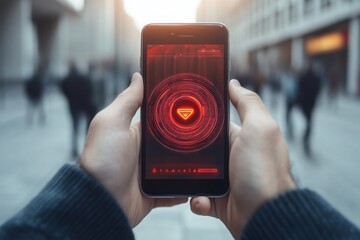 Hands Holding Smartphone Displaying Abstract Red Interface with Digital Elements in a Busy Urban Environment Highlighting Technology and Connectivity