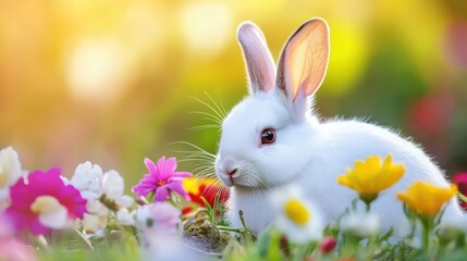 Obraz premium Cute Rabbit in Colorful Flower Field at Sunrise